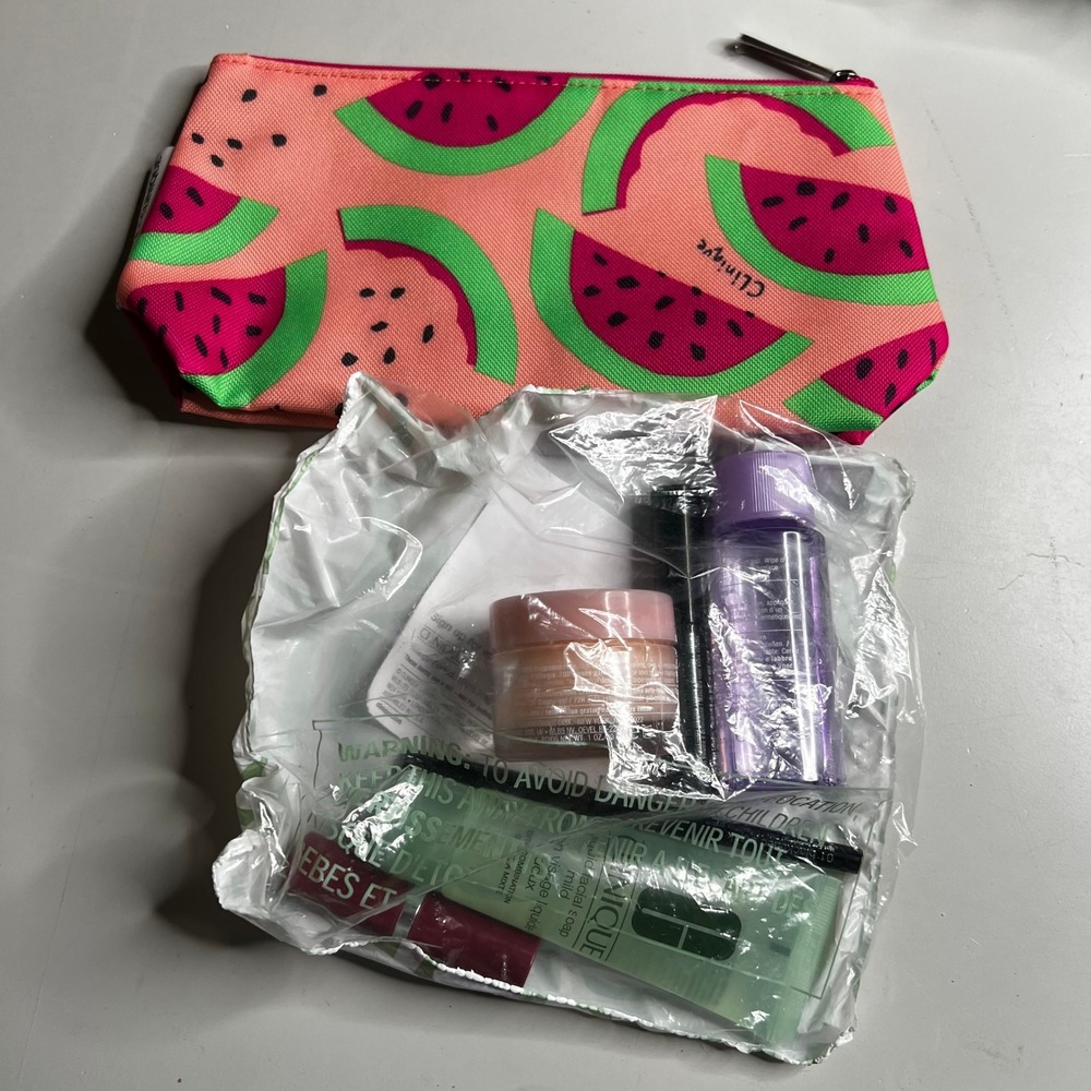 Clinique x Donald Robertson Watermelon Makeup Bag & 6pc Travel Skincare Gift Set